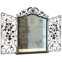 Rare Two Opening Panels Wrought Iron Mirror with Leaves and Scrolls, French