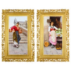 Antique Pair Oil on Canvas Venetian Market Paintings by Luigi Pastega 19th C