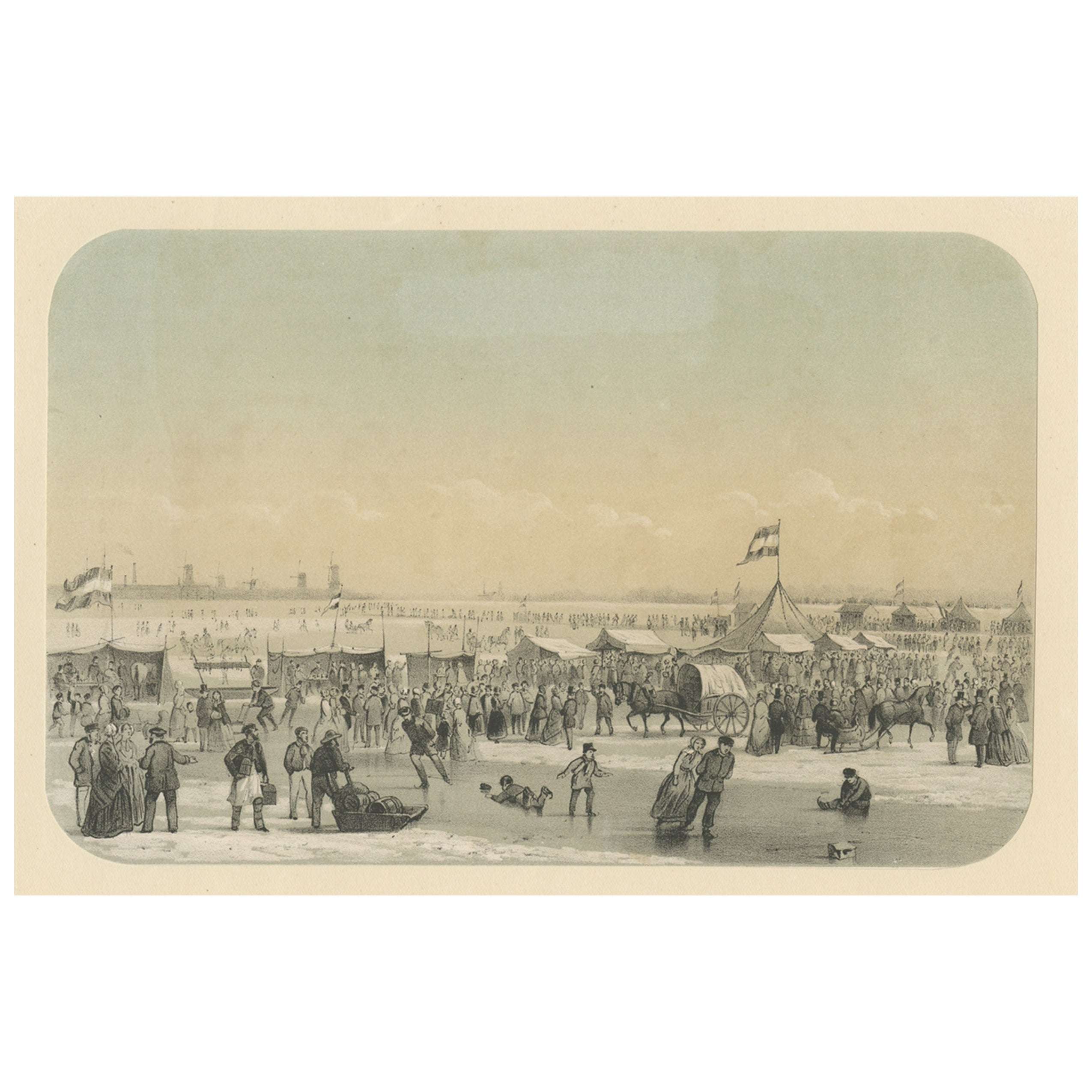 Print of An Ice Skating Scene on the River Maas, Rotterdam, Netherlands, 1855 For Sale