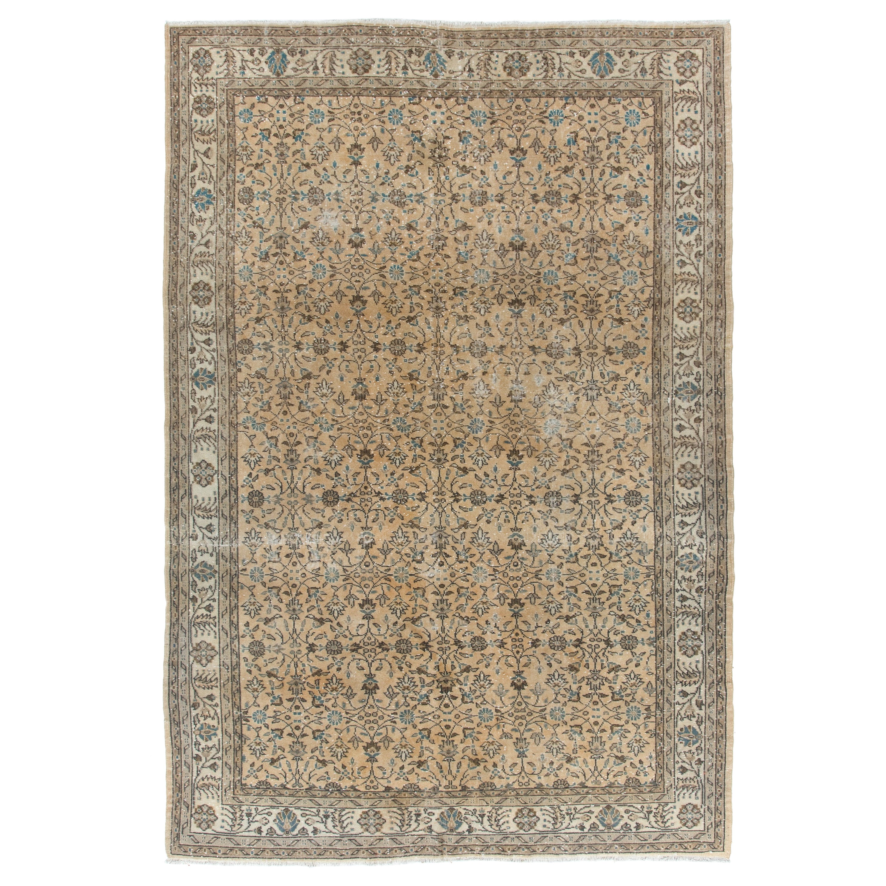 7.5x11 Ft Vintage Turkish Wool Rug with Floral Design. Handmade Oriental Carpet For Sale