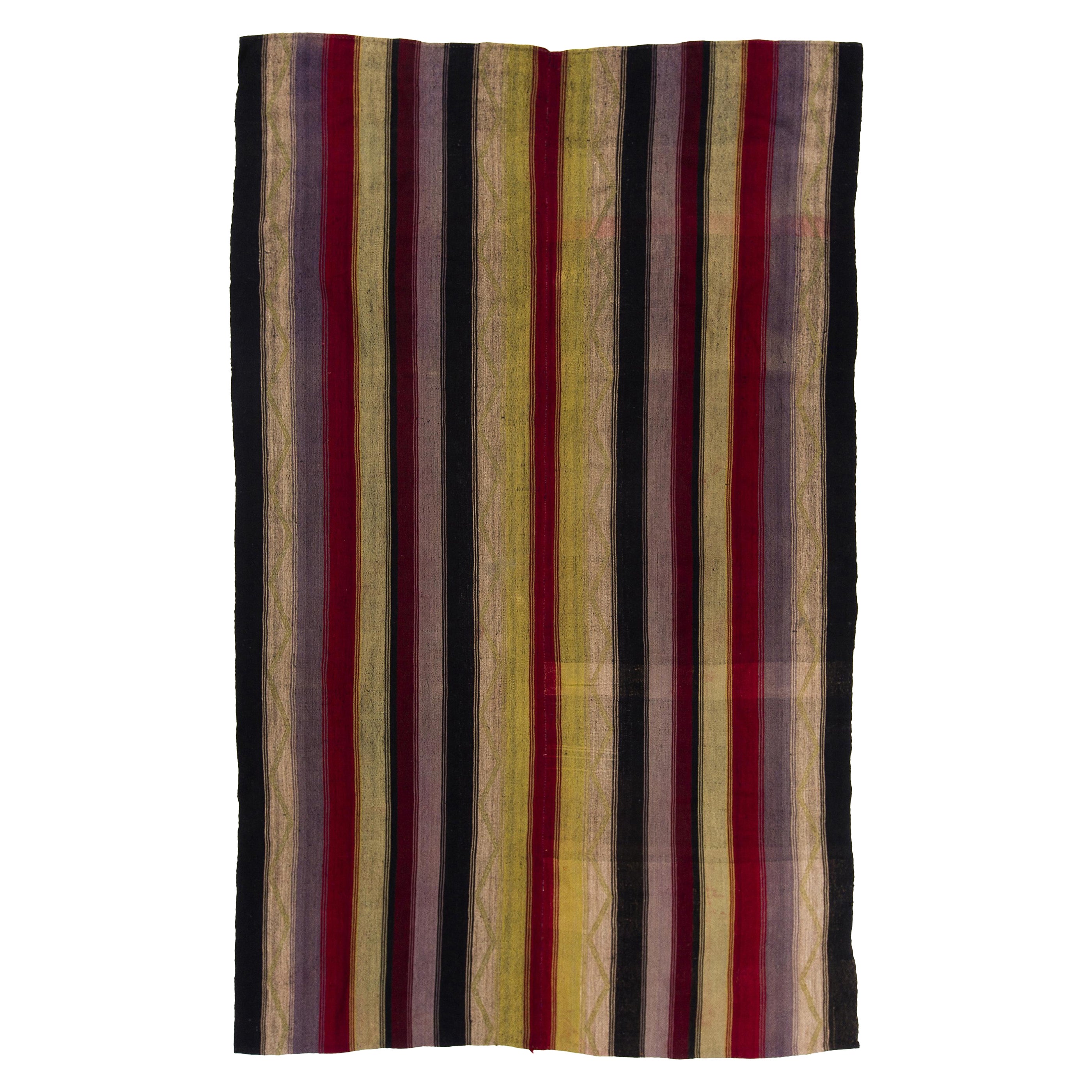 6.2x10 Ft Vintage Striped Colorful Kilim, Hand-Woven Wool Carpet. Flat-weave Rug For Sale