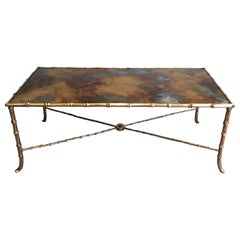 Faux-Bamboo Bronze Coffee Table with Eglomized Gilt Glass Top