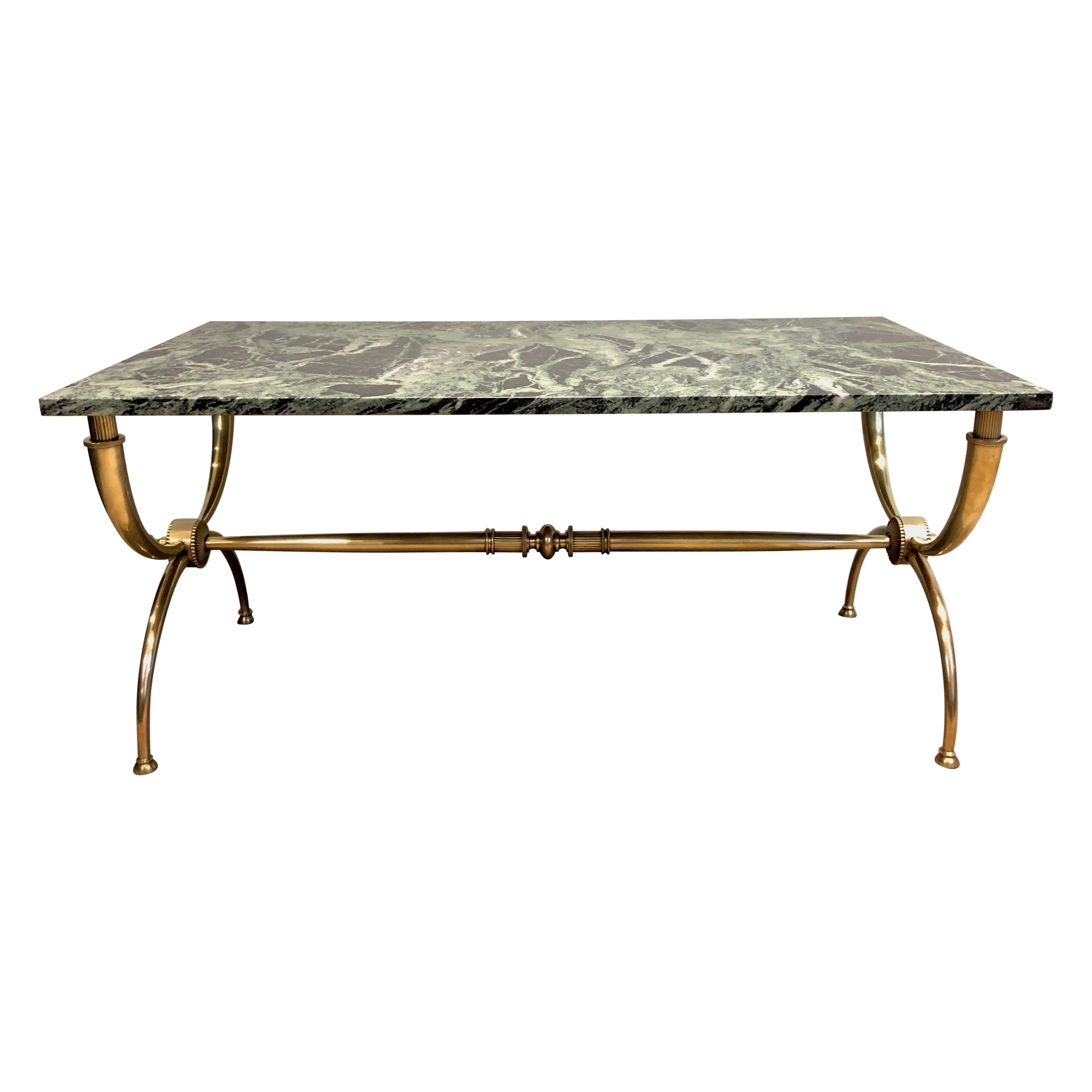 Raymond Subes Brass Coffee Table with Green Marble Top, French by Raymond Subes