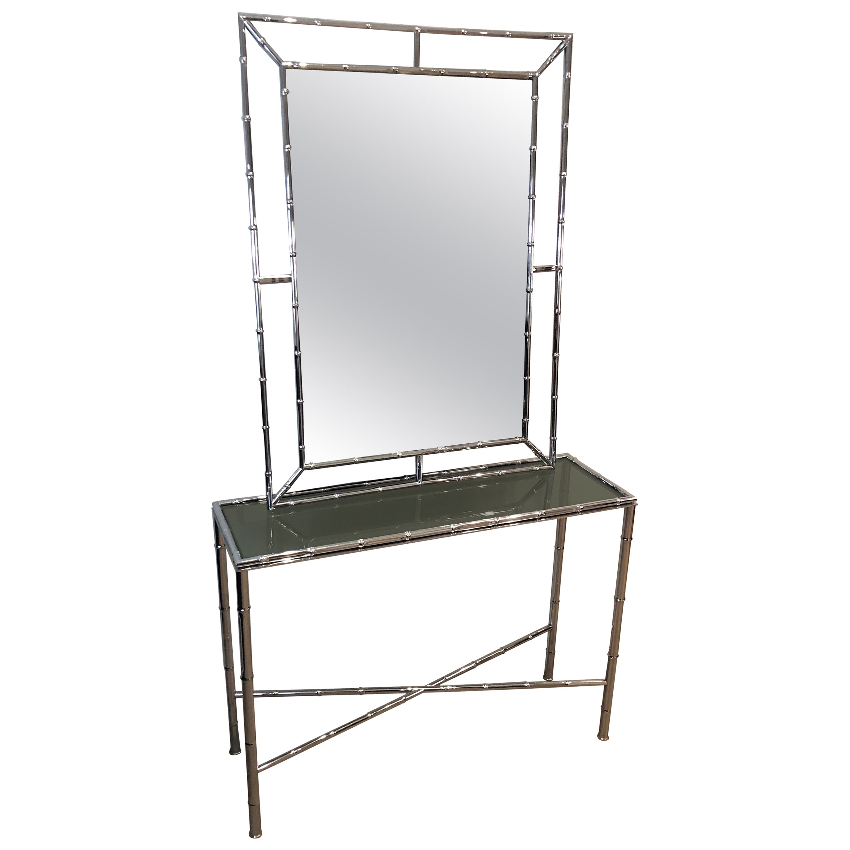 Faux-Bamboo Chrome Console and Matching Mirror, Maison Baguès Style For Sale