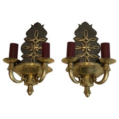 Used Pair of Steel and Brass Art Deco Wall Lights, in the Style of Jules Leleu