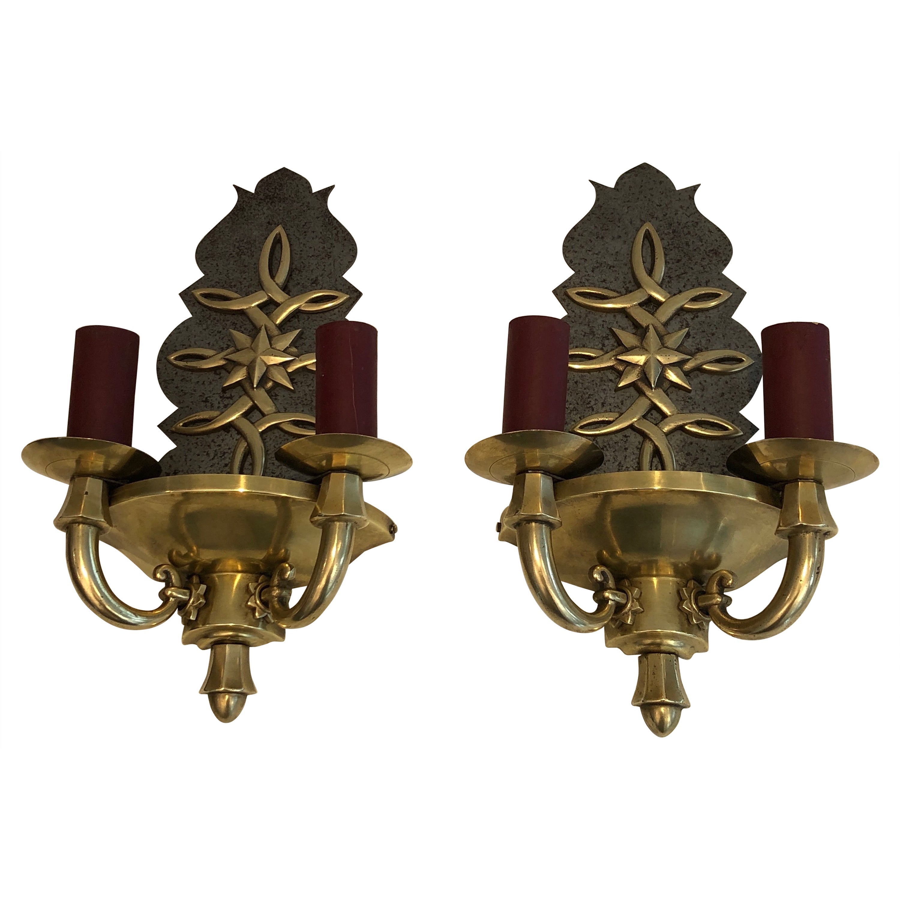 Pair of Steel and Brass Art Deco Wall Lights, in the Style of Jules Leleu For Sale