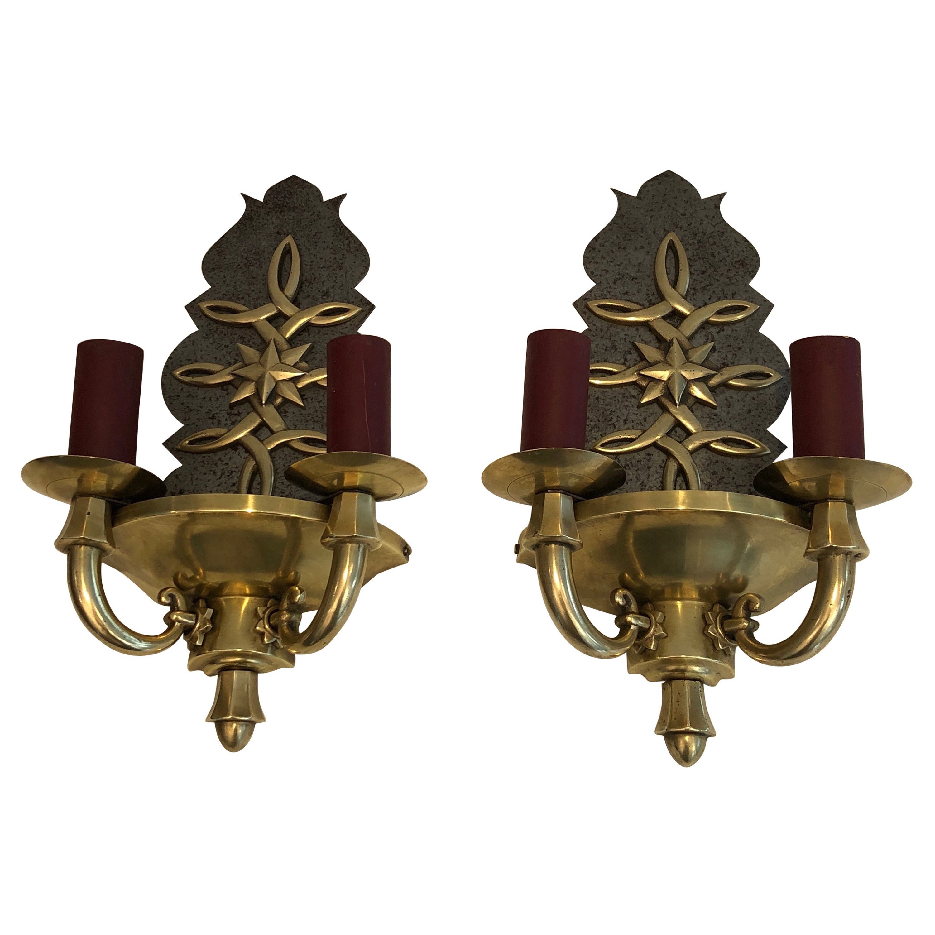 Pair of Steel and Brass Art Deco Wall Lights, in the Style of Jules Leleu