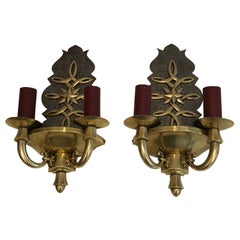 Pair of Steel and Brass Art Deco Wall Lights, in the Style of Jules Leleu