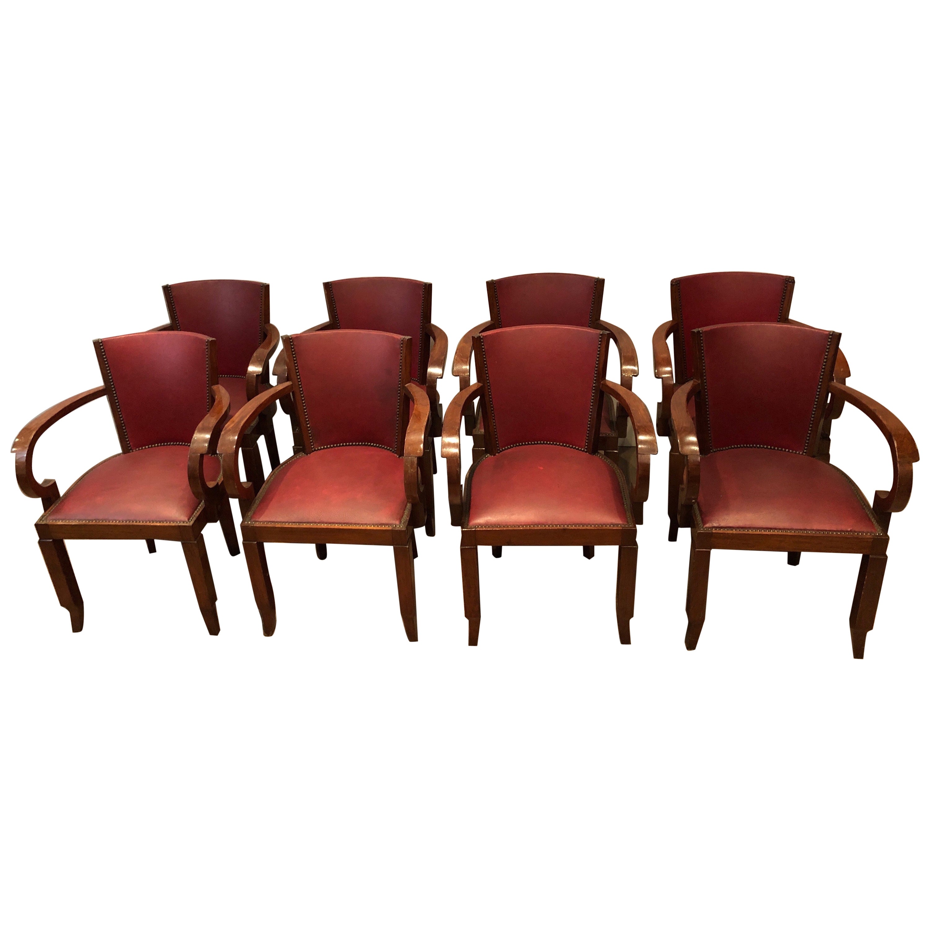 Rare Set of 8 Mahogany and Faux-Leather Art Deco Armchairs, French, circa 1930 For Sale
