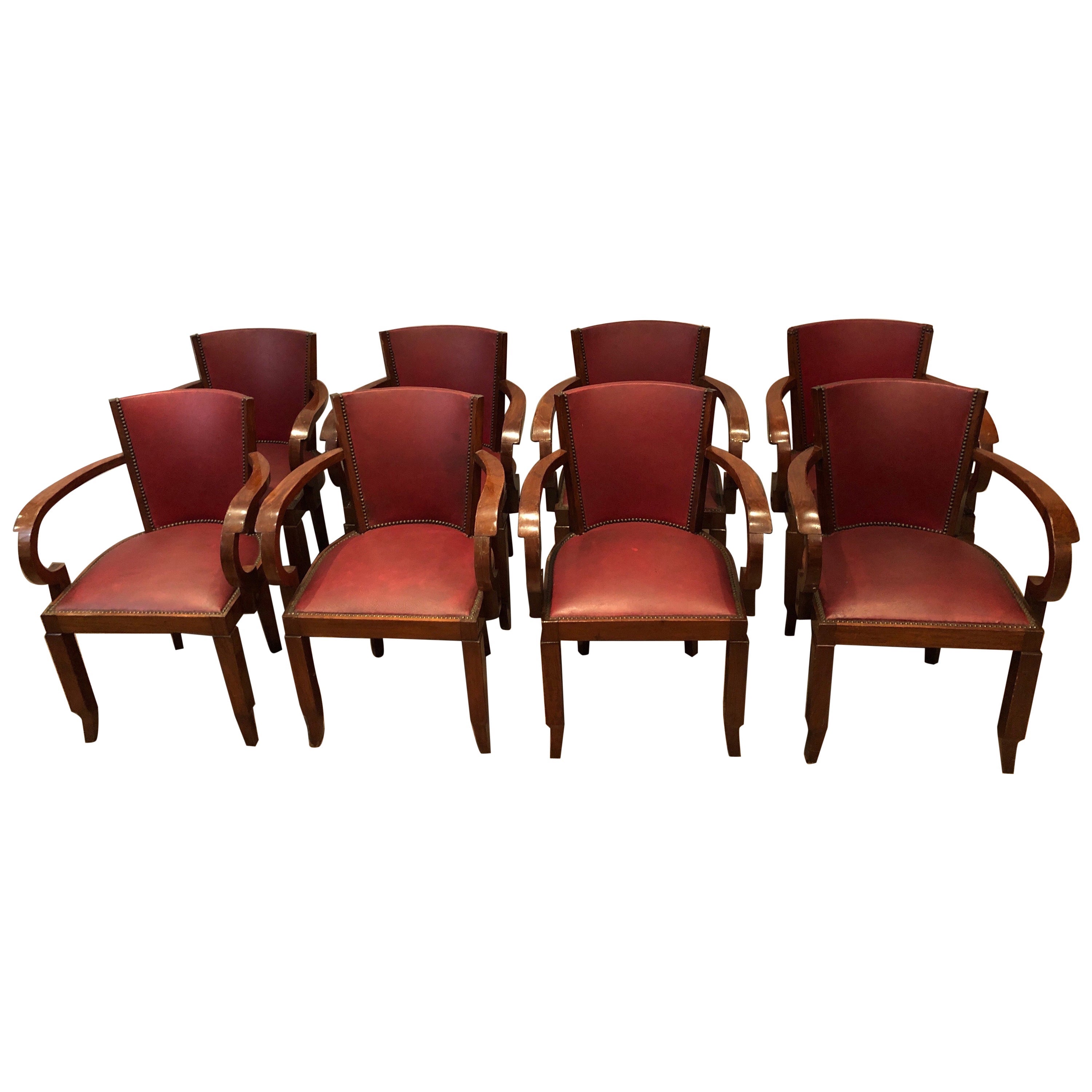 Rare Set of 8 Mahogany and Faux-Leather Art Deco Armchairs, French, circa 1930 For Sale
