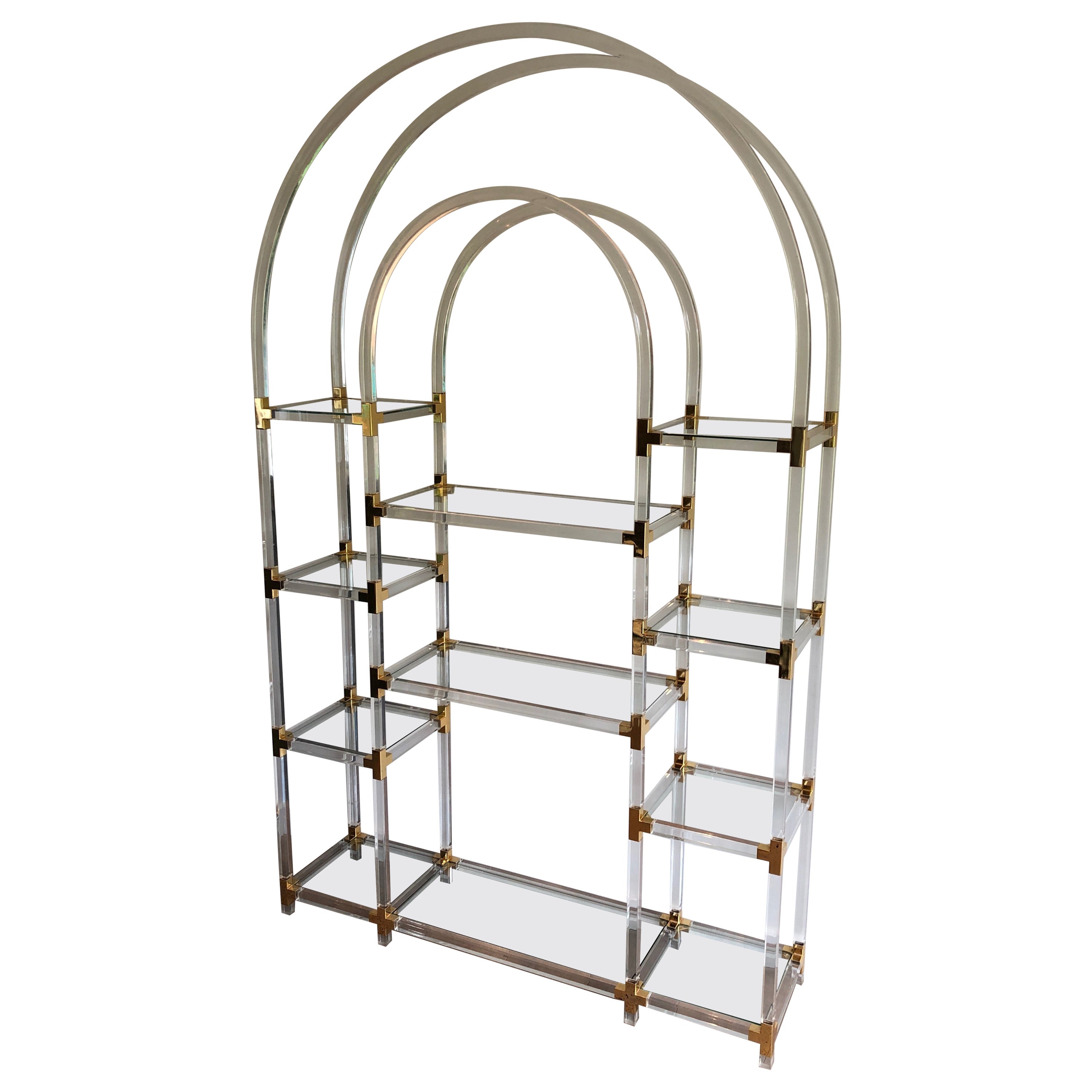 Lucite, Gilded Metal and Glass Shelve, American Work by Charles Hollis Jones For Sale