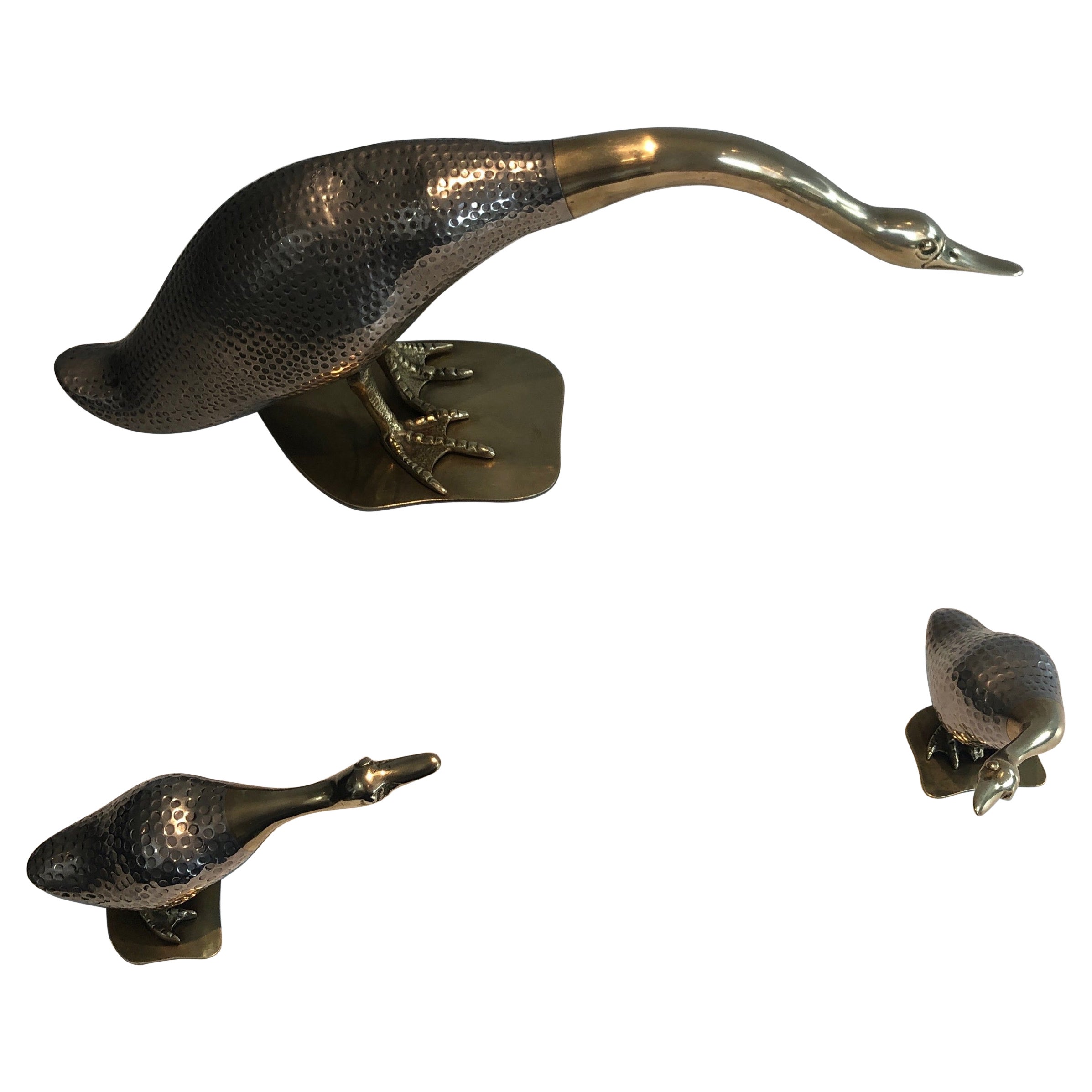 Set of Silvered and Brass Duck and Her Ducklings, French, circa 1970
