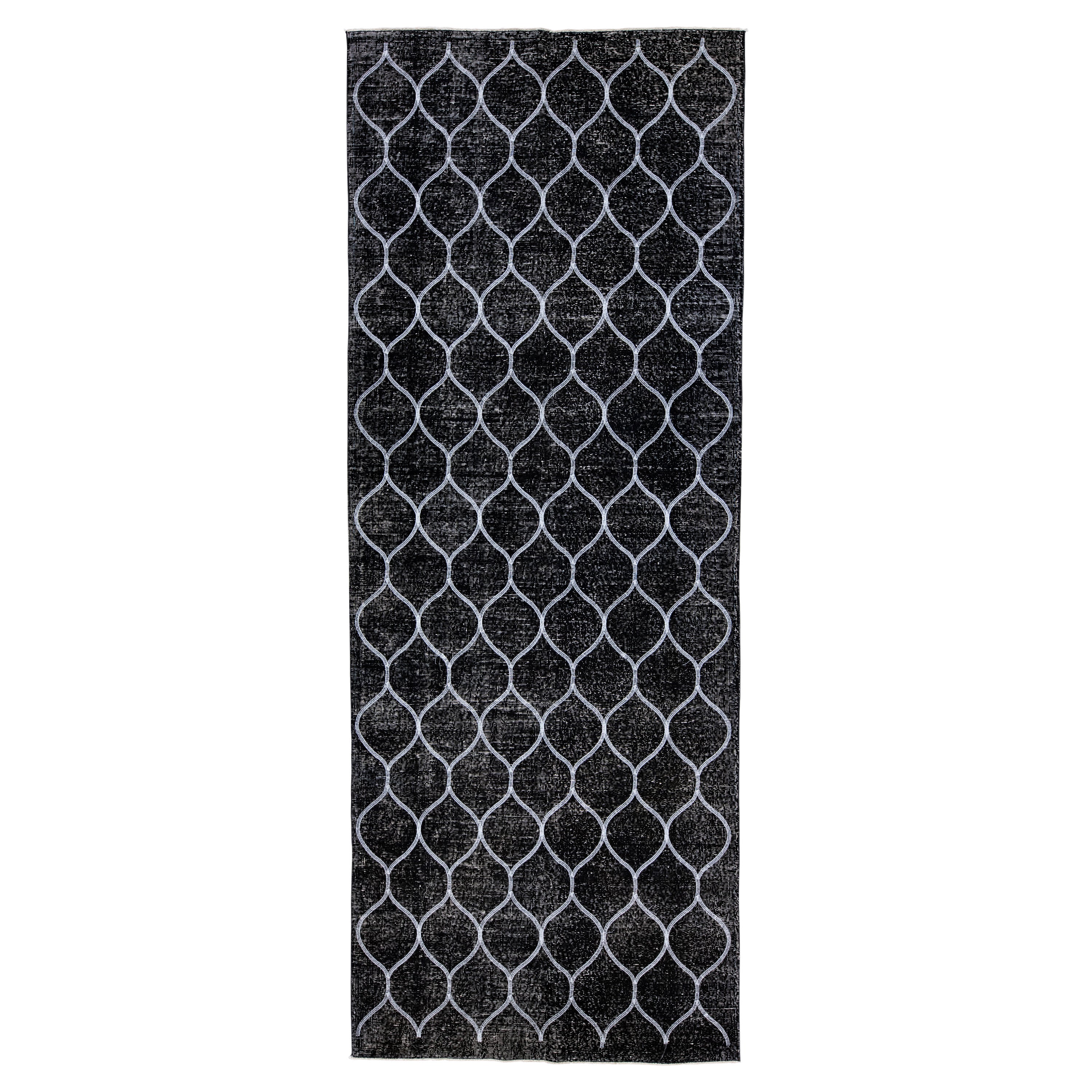 Black Modern Turkish Handmade Trellis Designed Gallery Wool Rug For Sale