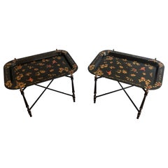 Pair of Side Tables with Folding Metal Bases and Removable Lacquered Trays with