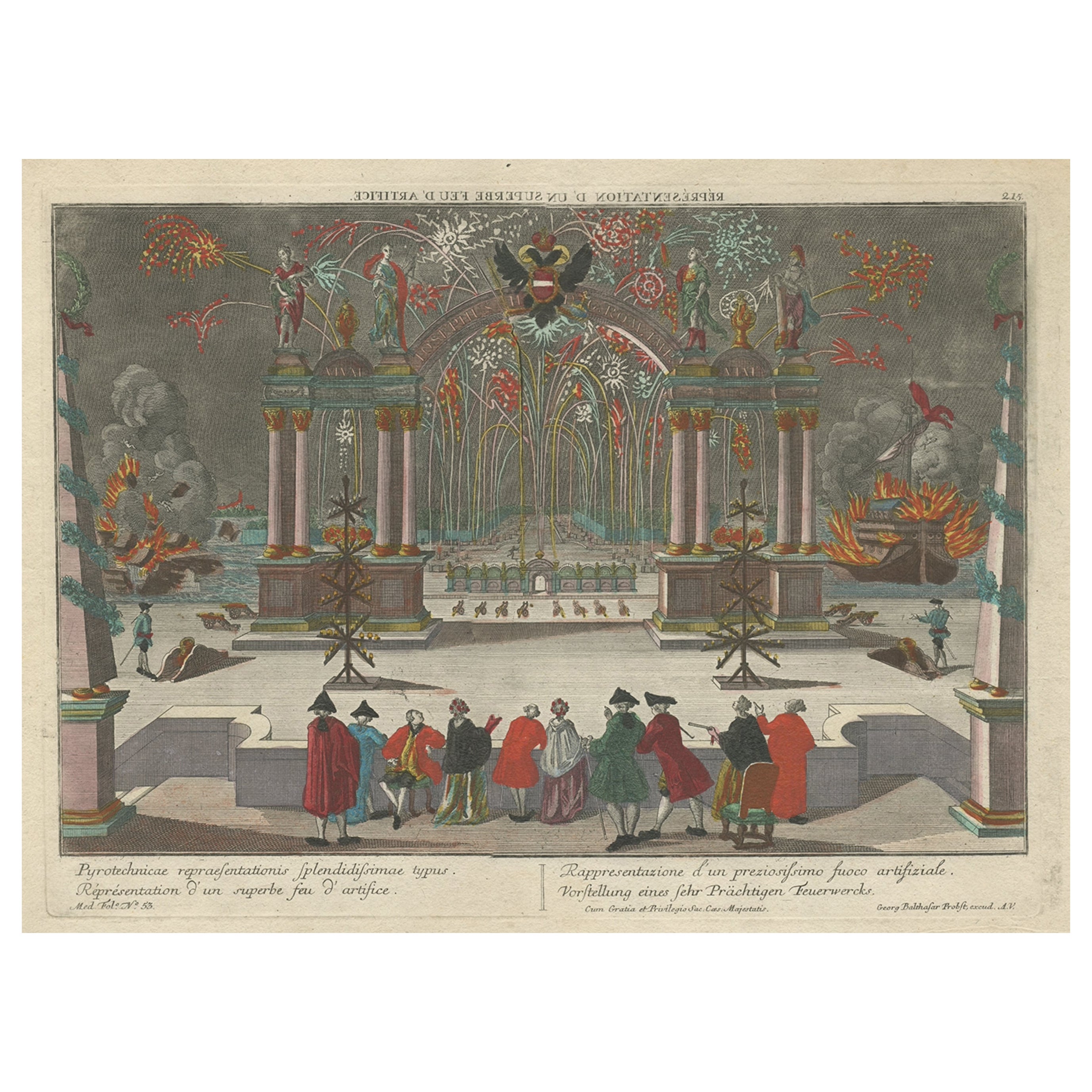 Optical View Depicting a Scene with Fireworks, Subtitled in Four Languages, 1765 For Sale