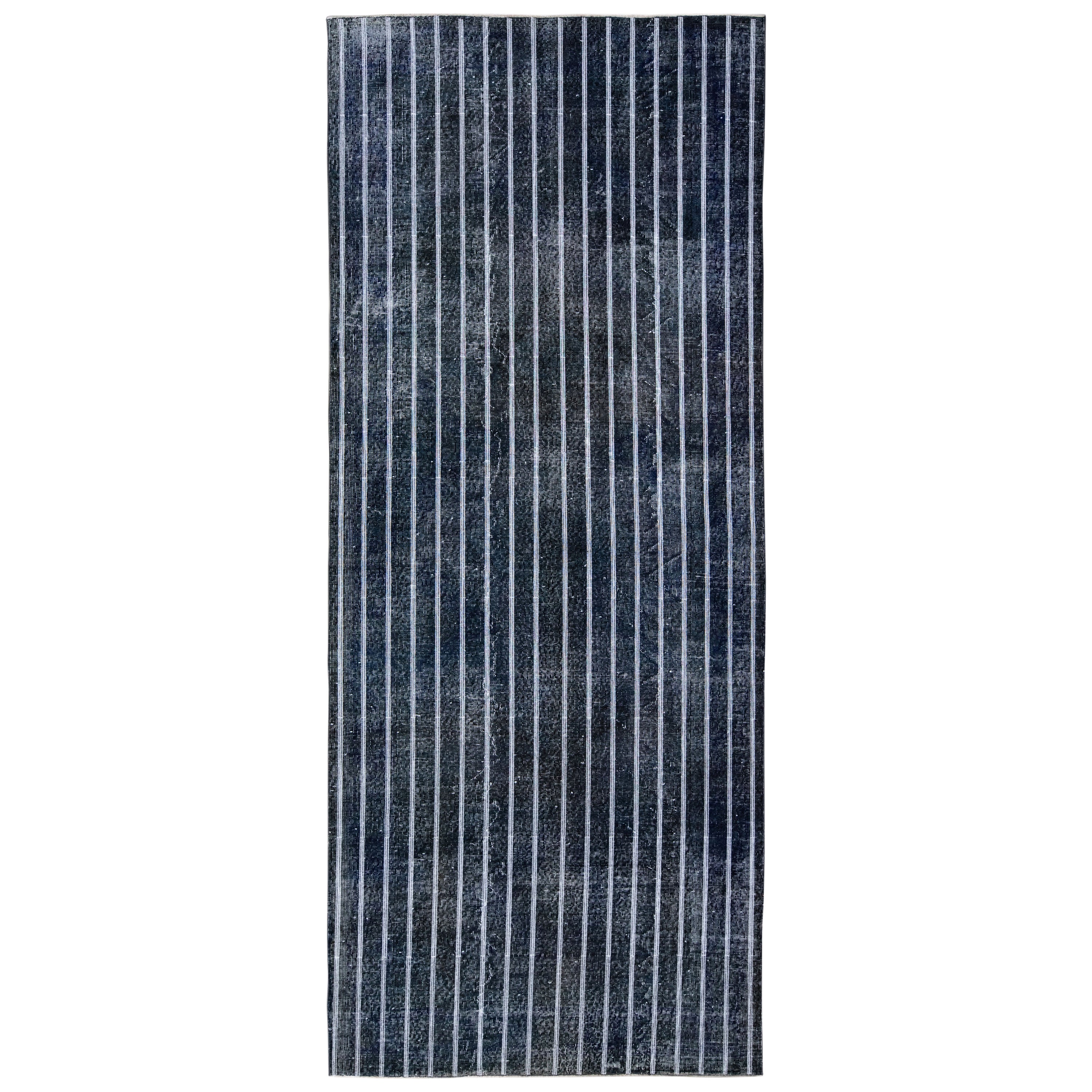 Modern Turkish Handmade Striped Motif Navy Blue Wool Gallery Rug For Sale