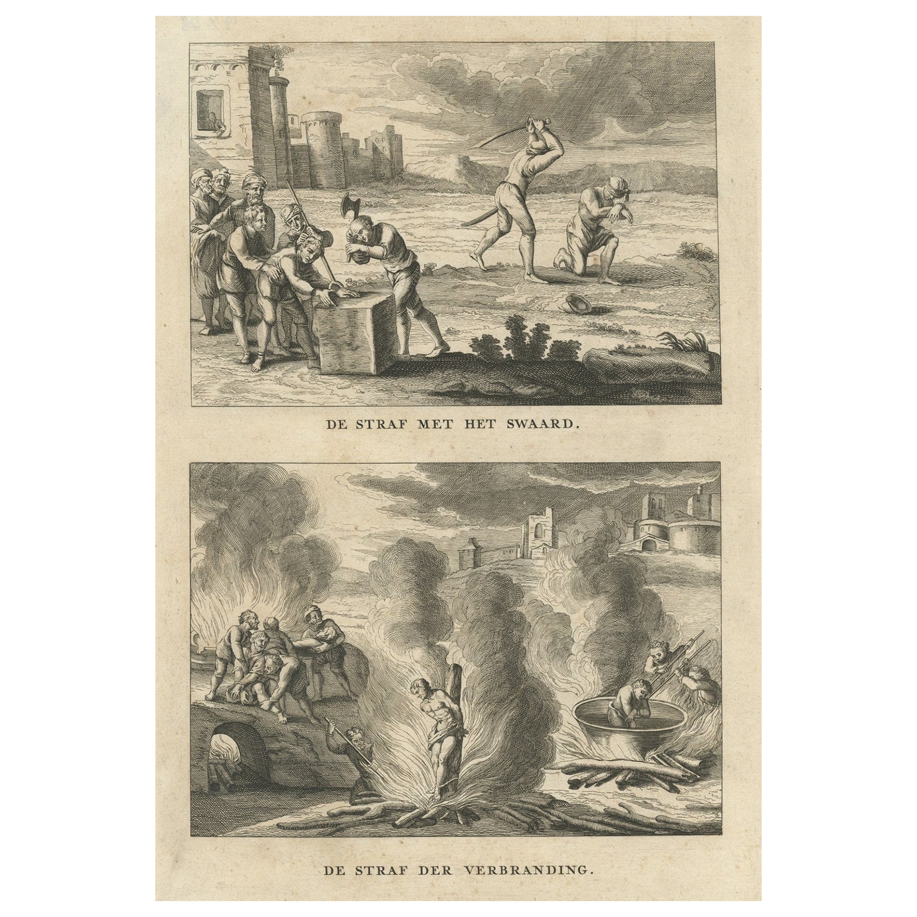 Grabado de castigos religiosos con la espada y el fuego, incluida la decapitación, 1731