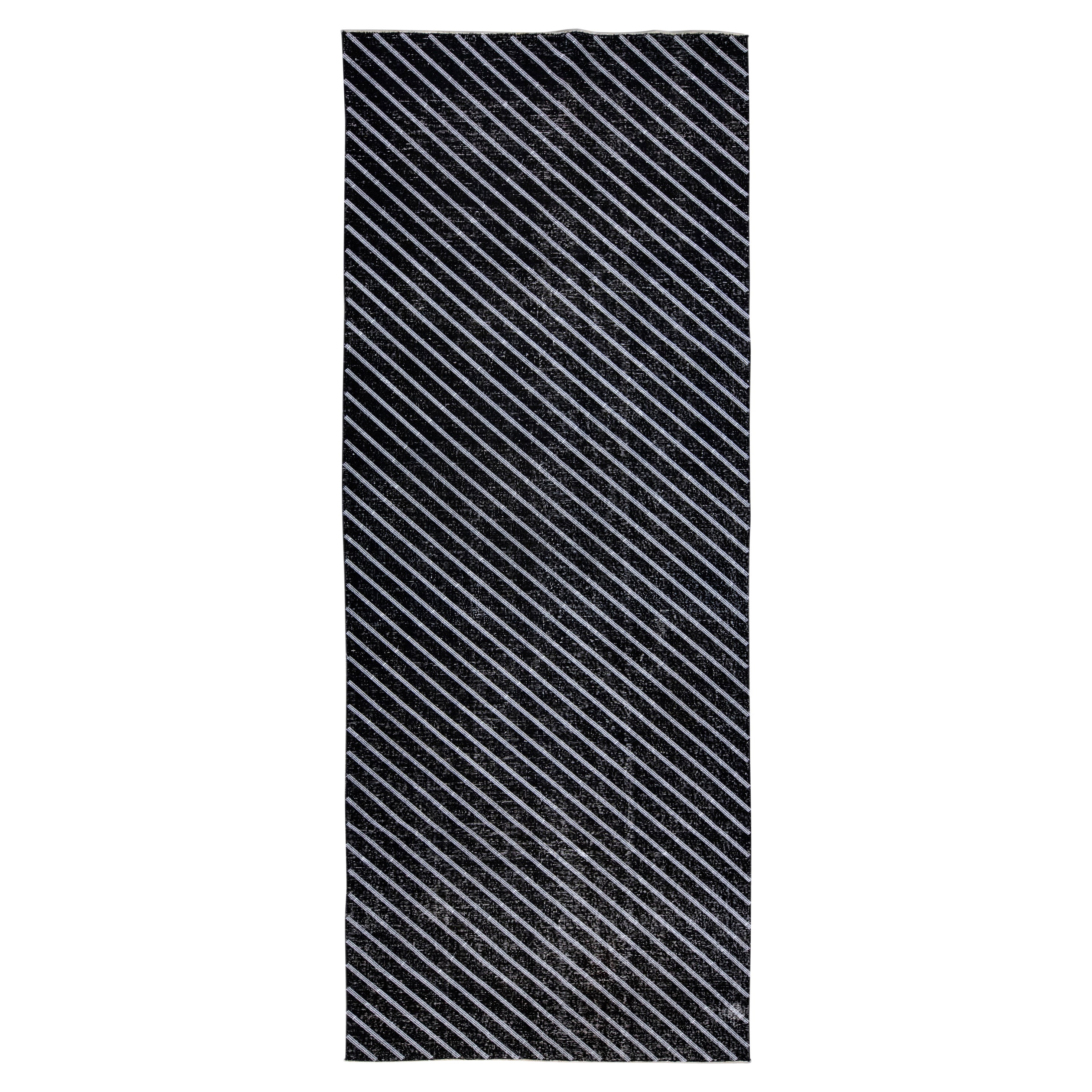 Modern Turkish Handmade Diagonal Line Pattern Black Gallery Wool Rug For Sale