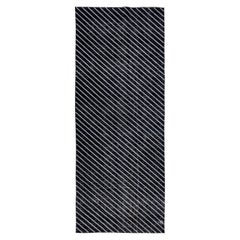 Modern Turkish Handmade Diagonal Line Pattern Black Gallery Wool Rug