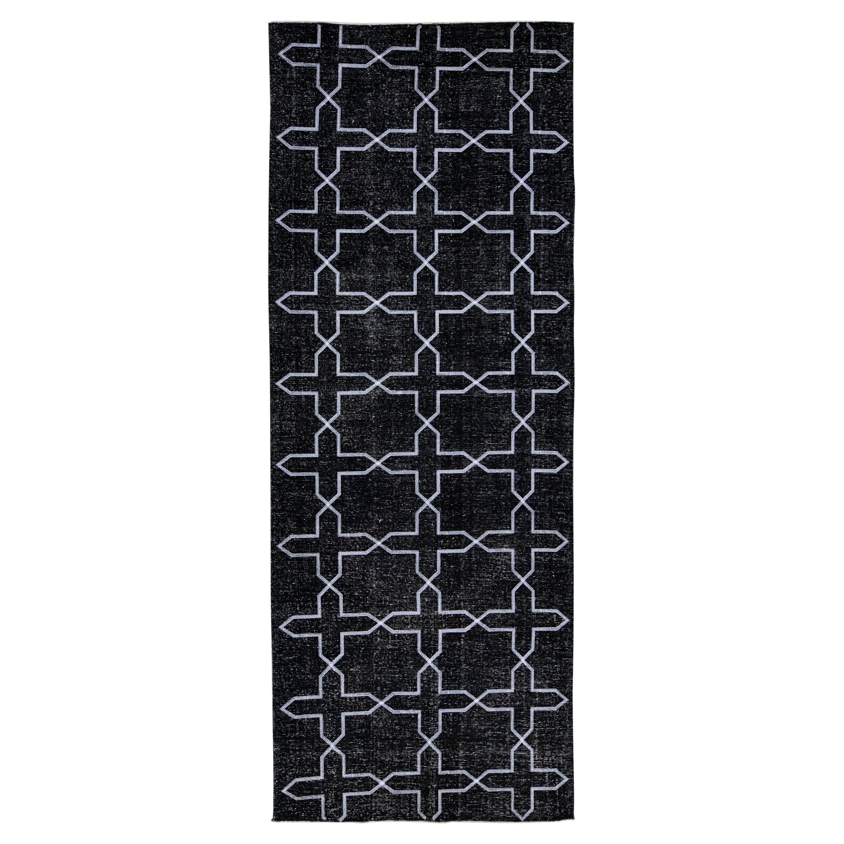 Modern Black Turkish Handmade Geometric Pattern Wool Gallery Rug For Sale