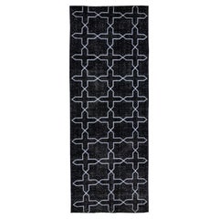 Tapis de galerie moderne turc noir en laine à motif géométrique fait à la main