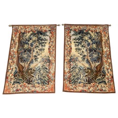 Vintage Pair of Mid-Century French Hand Woven Verdure Tapestries w/ Bird & Foliage Motif