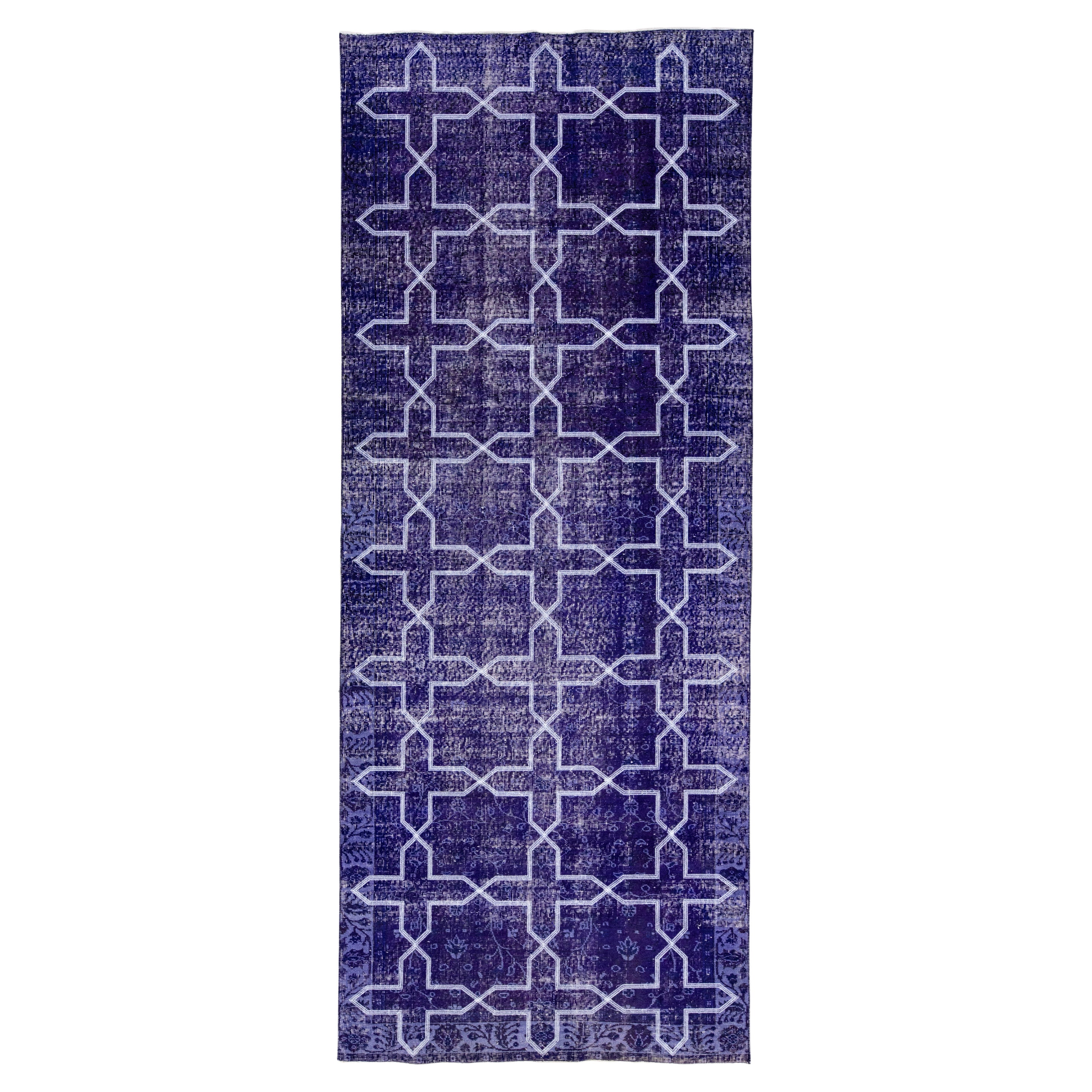 Modern Blue Turkish Handmade Geometric Pattern Wool Gallery Rug For Sale