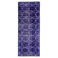 Modern Blue Turkish Handmade Geometric Pattern Wool Gallery Rug