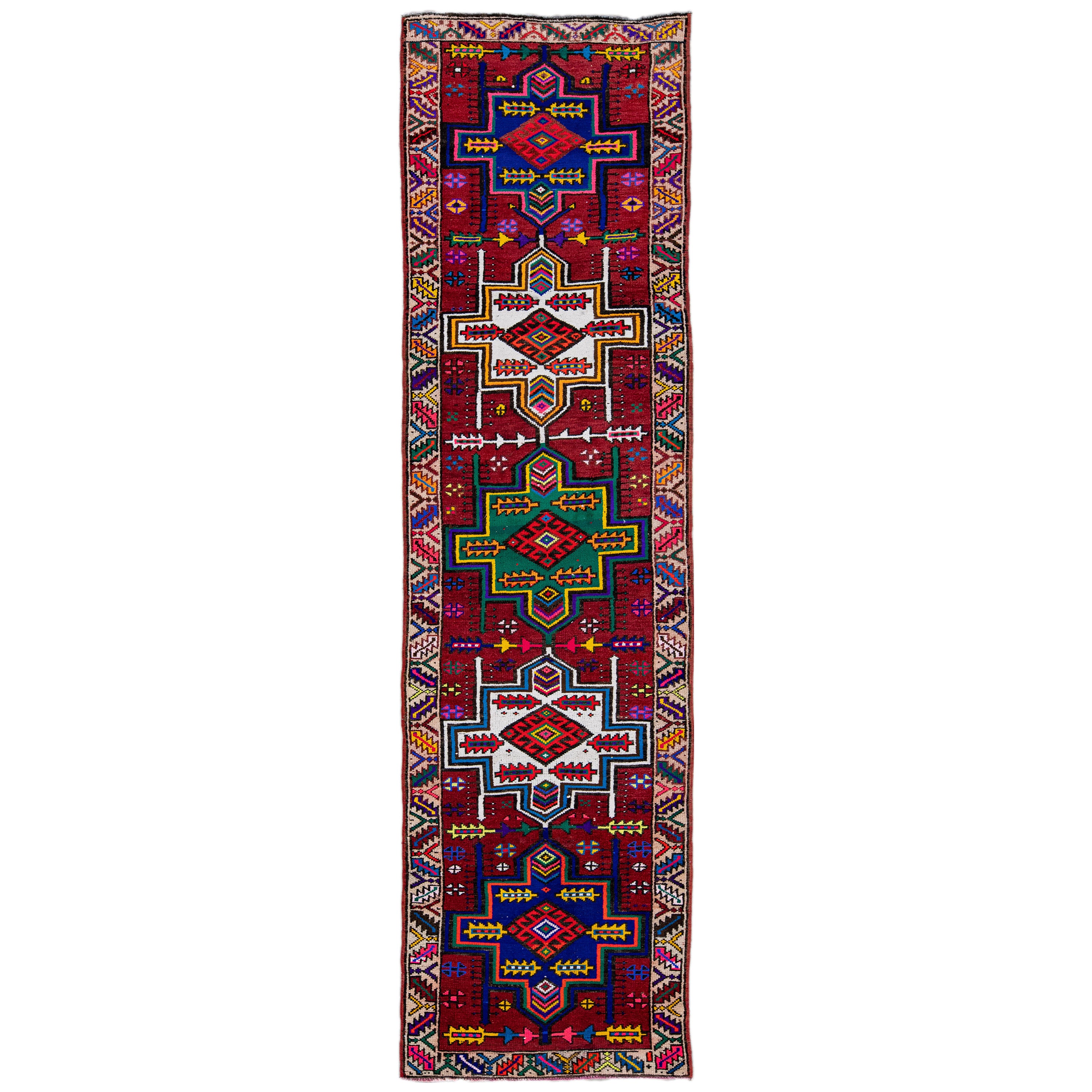 Red Vintage Turkish Handmade Multicolor Tribal Pattern Wool Runner