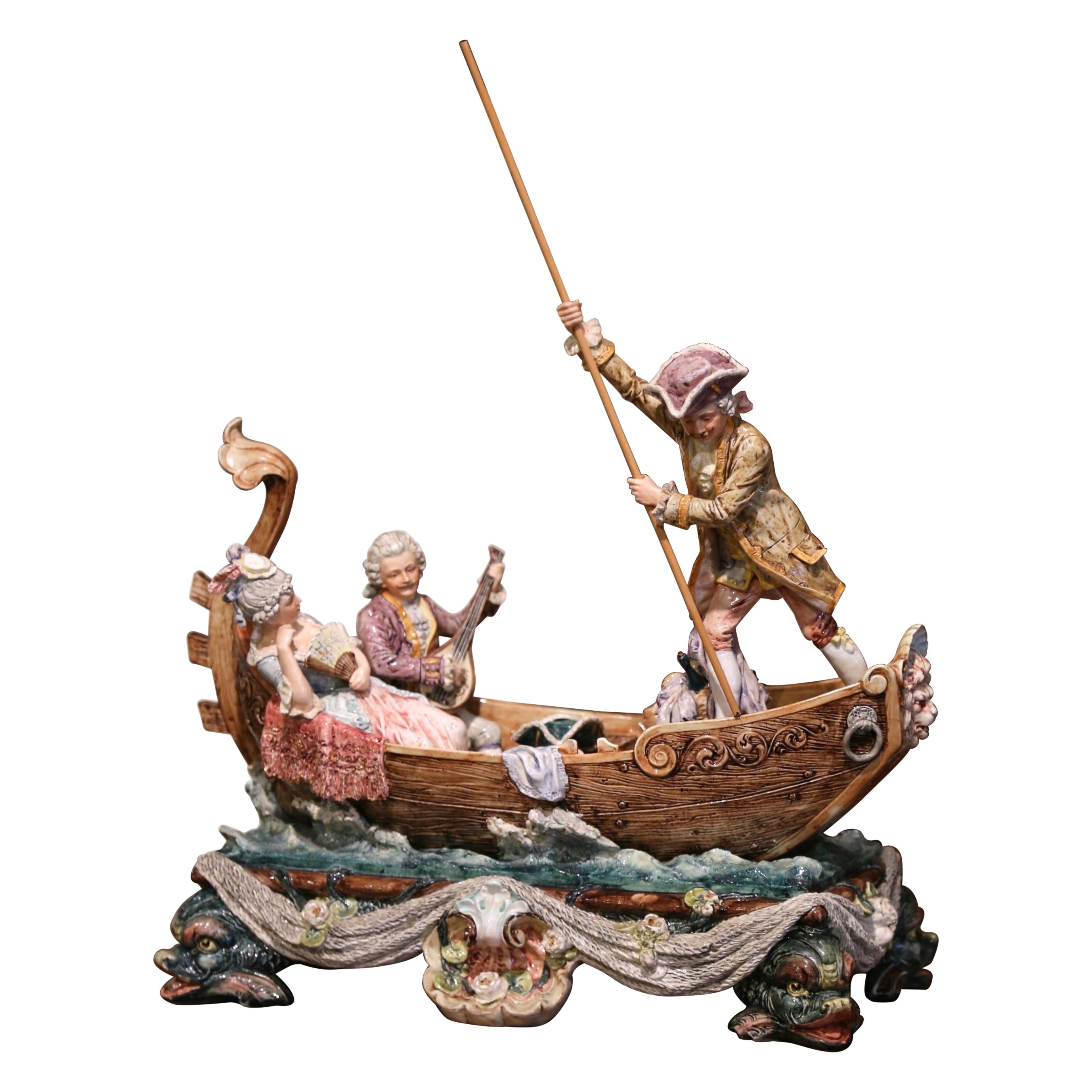 Early 20th Century French Hand-Painted Barbotine Boat and People Composition