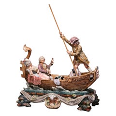 Antique Early 20th Century French Hand-Painted Barbotine Boat and People Composition