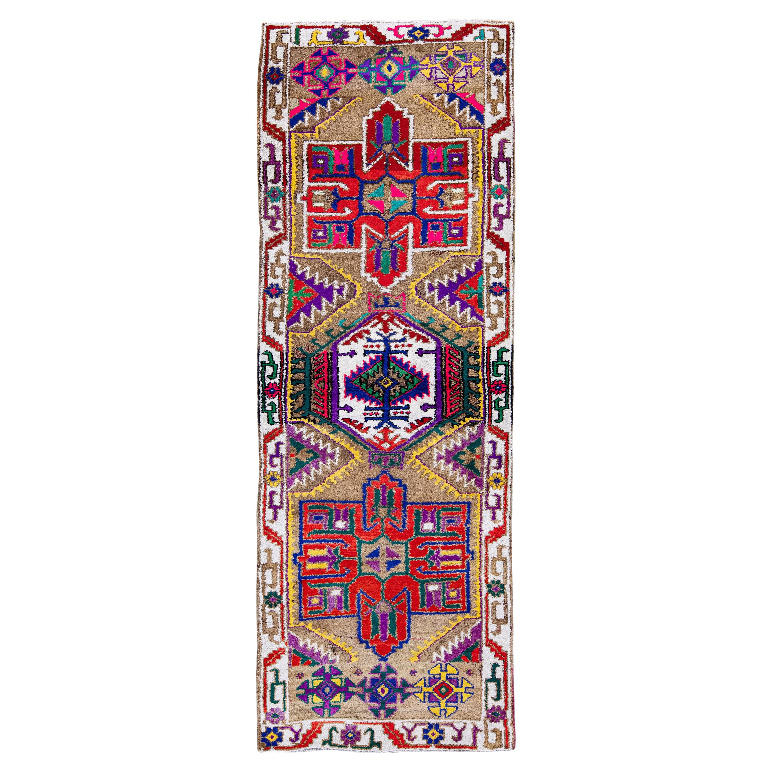 Brown Vintage Turkish Handmade Multicolor Tribal Pattern Wool Runner For Sale