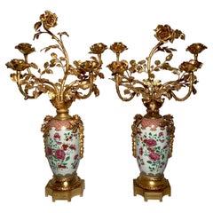 Pair Antique "Famille Rose" Chinese Porcelain French Ormolu Candelabra Ca. 1870s