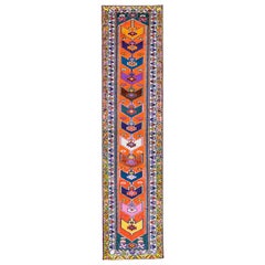 Tapis de couloir turc vintage en laine orange, fait à la main, à motifs tribaux multicolores