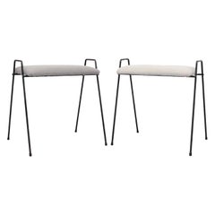 Pair of Mid-Century Black Wire Frame Stools in New Off White and Gray Fabric