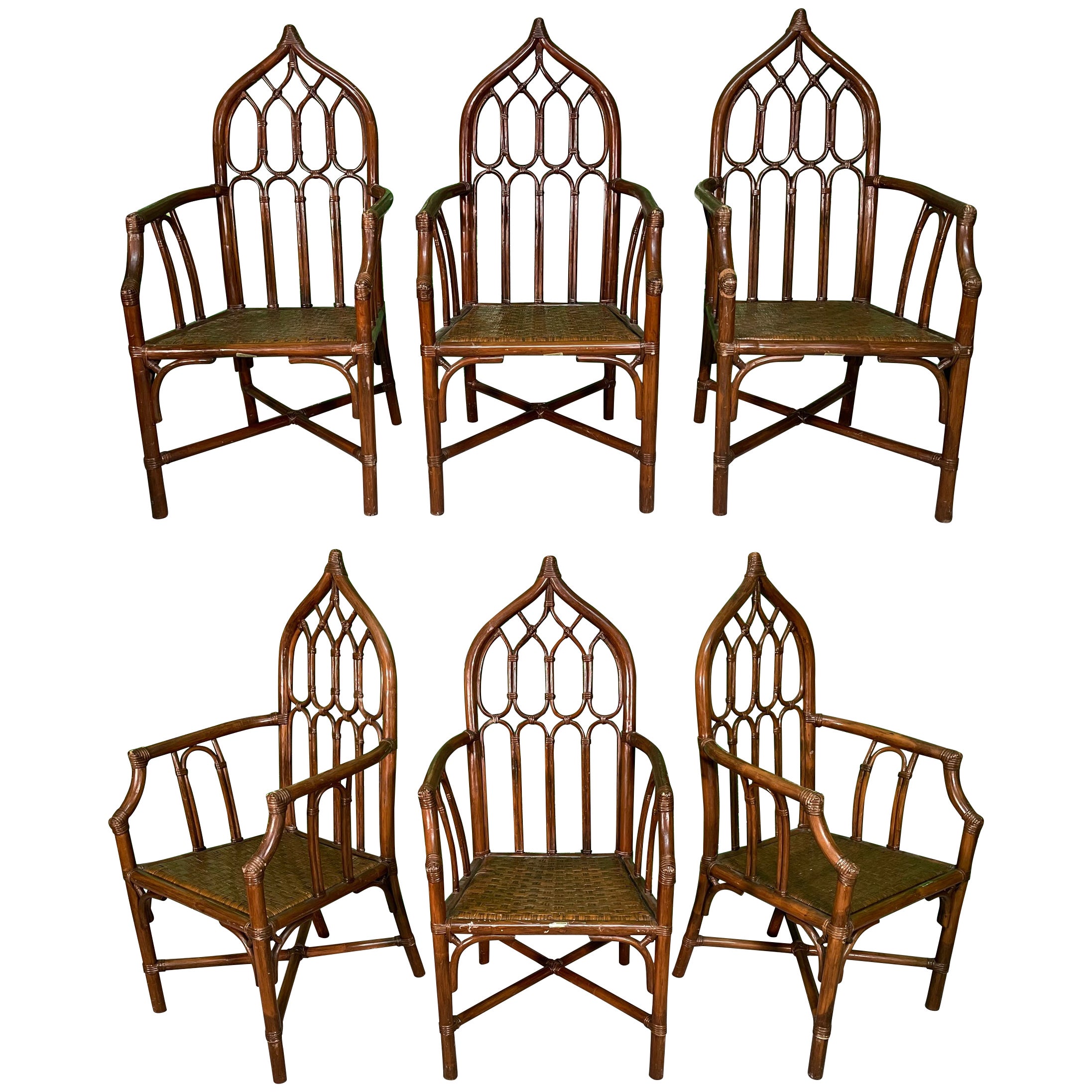 Rattan Cathedral Dining Chairs in the Manner of McGuire, Set of 6