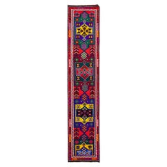 Tapis de couloir turc vintage en laine rouge à motif tribal multicolore fait à la main