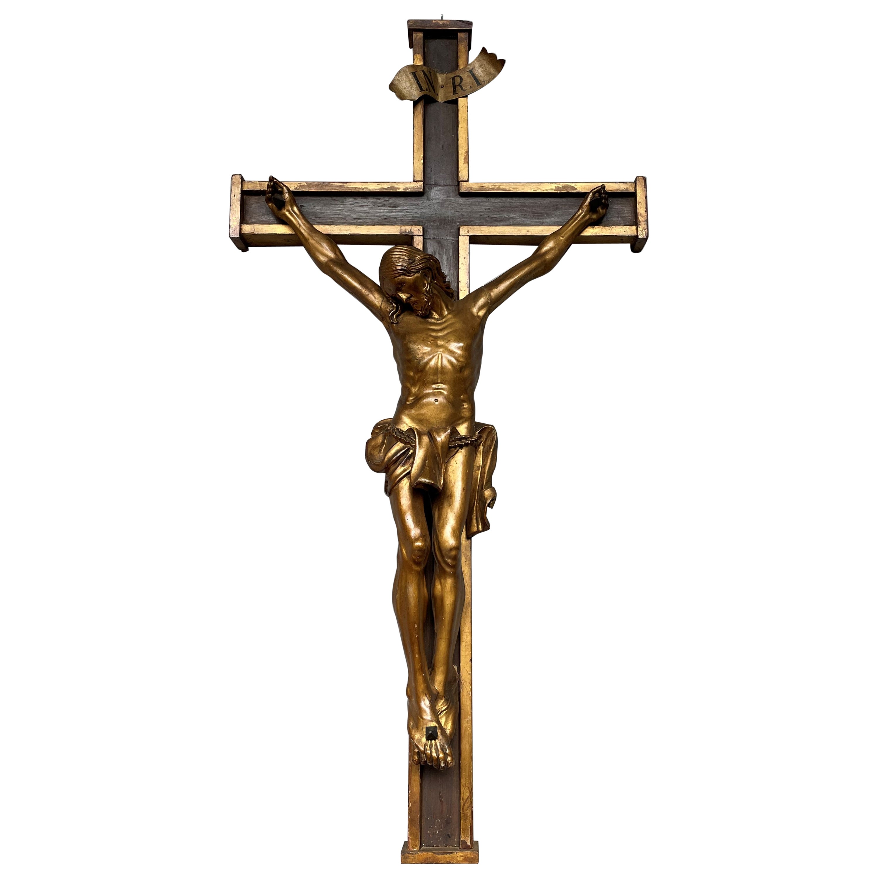Antique Crucifix w. Gilt Wooden Corpus of Christ on A Partially Gilt Cross 1820s
