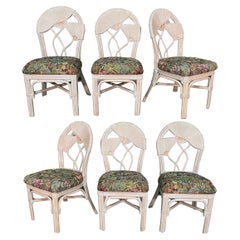 Vintage Split Reed Rattan Floral Design Dining Chairs, Set of 6