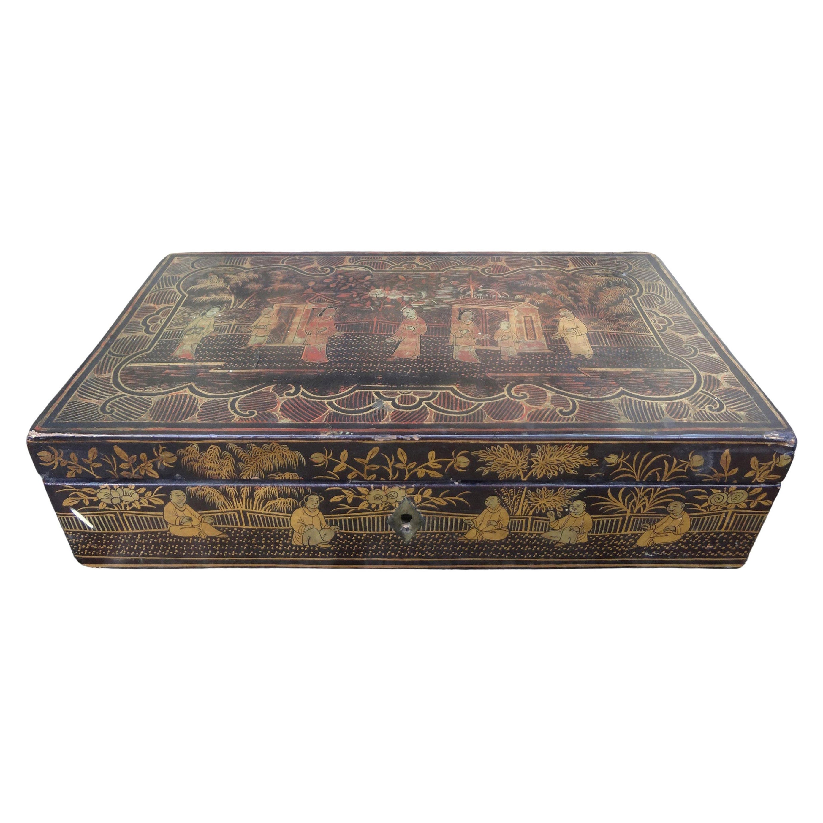 Richly Decorated Asian Lacquered Wood Rice or Tea Bin at 1stDibs