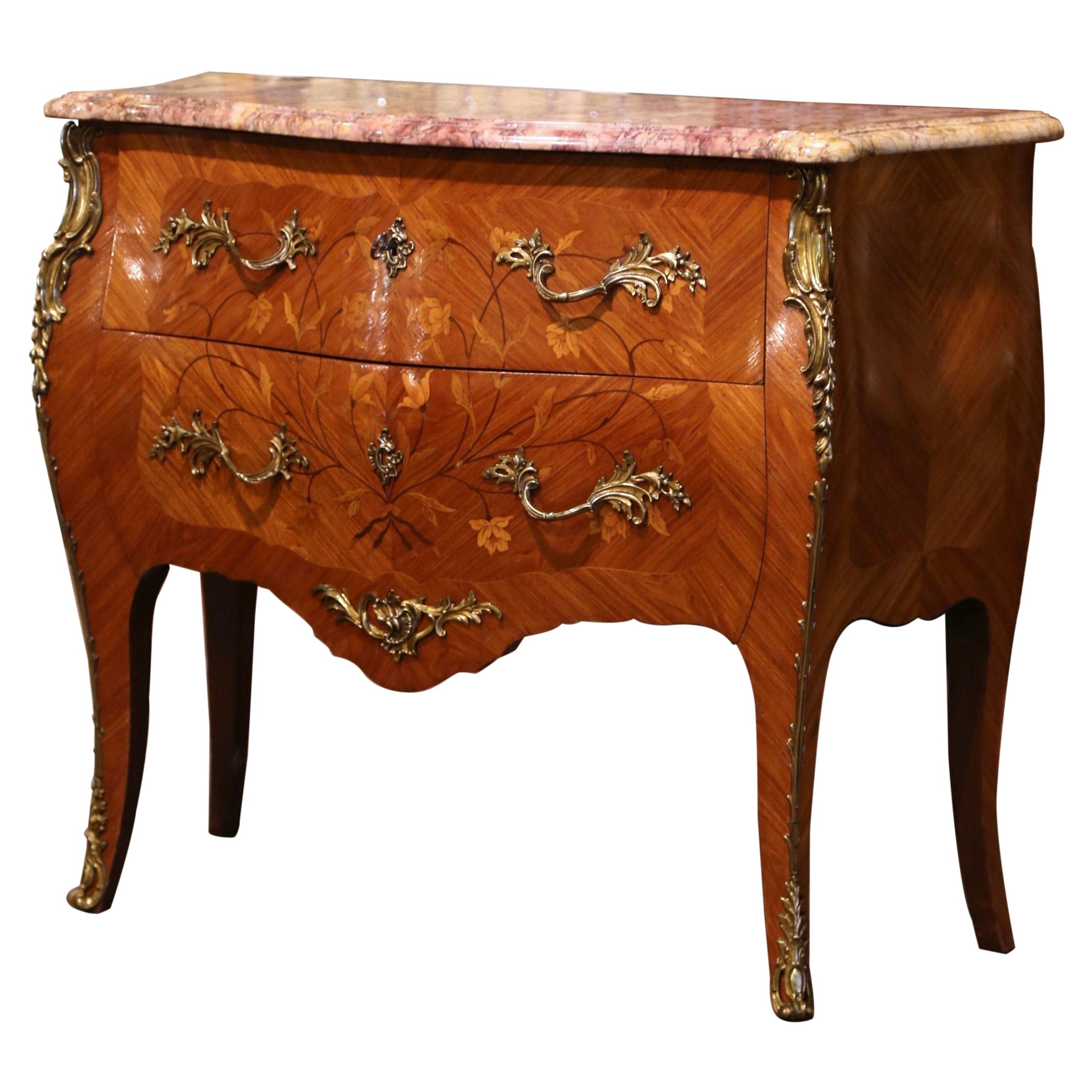 French Louis XV Marble Top Walnut Marquetry and Inlay Bombe Chest of Drawers