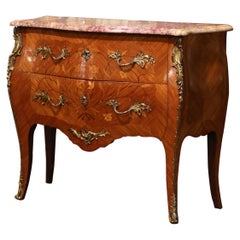 French Louis XV Marble Top Walnut Marquetry and Inlay Bombe Chest of Drawers