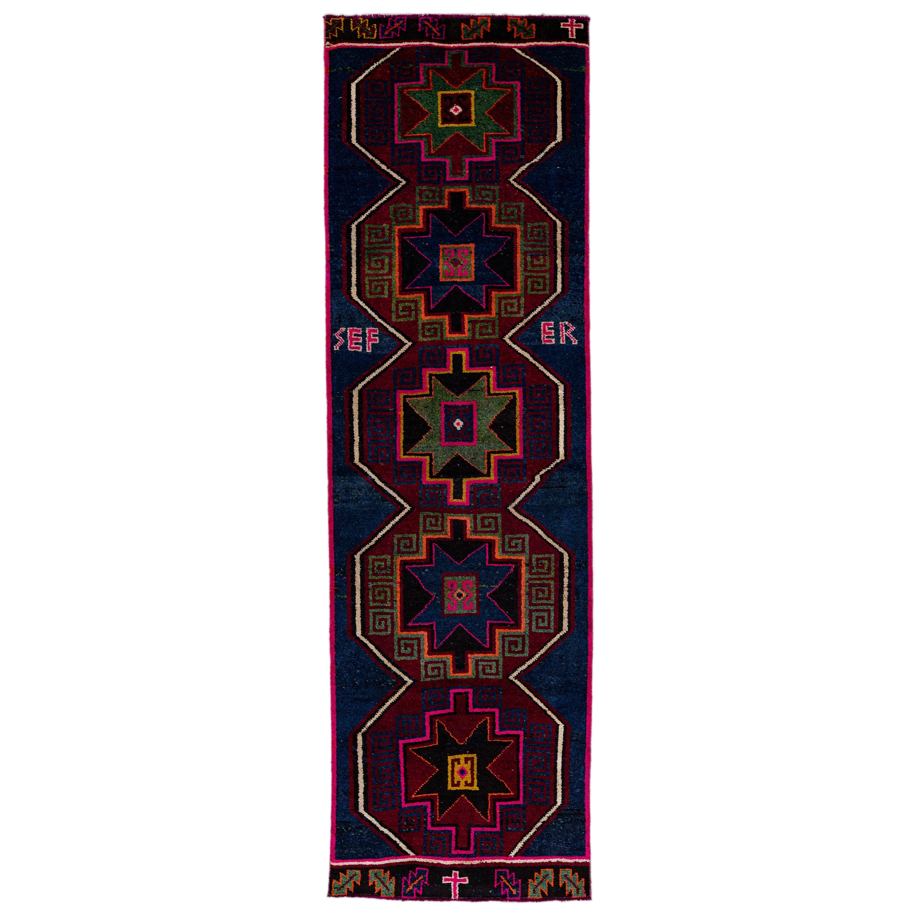 Vintage Turkish Handmade Tribal Blue Wool Runner For Sale