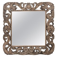 Antique Hand-Carved Stripped Elm Wood Renaissance Mirror