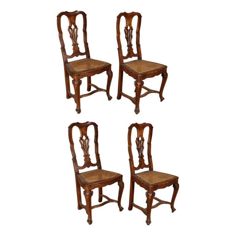 Set of Four 19th Century Iberian Baroque Wood Chairs with Cane Seats