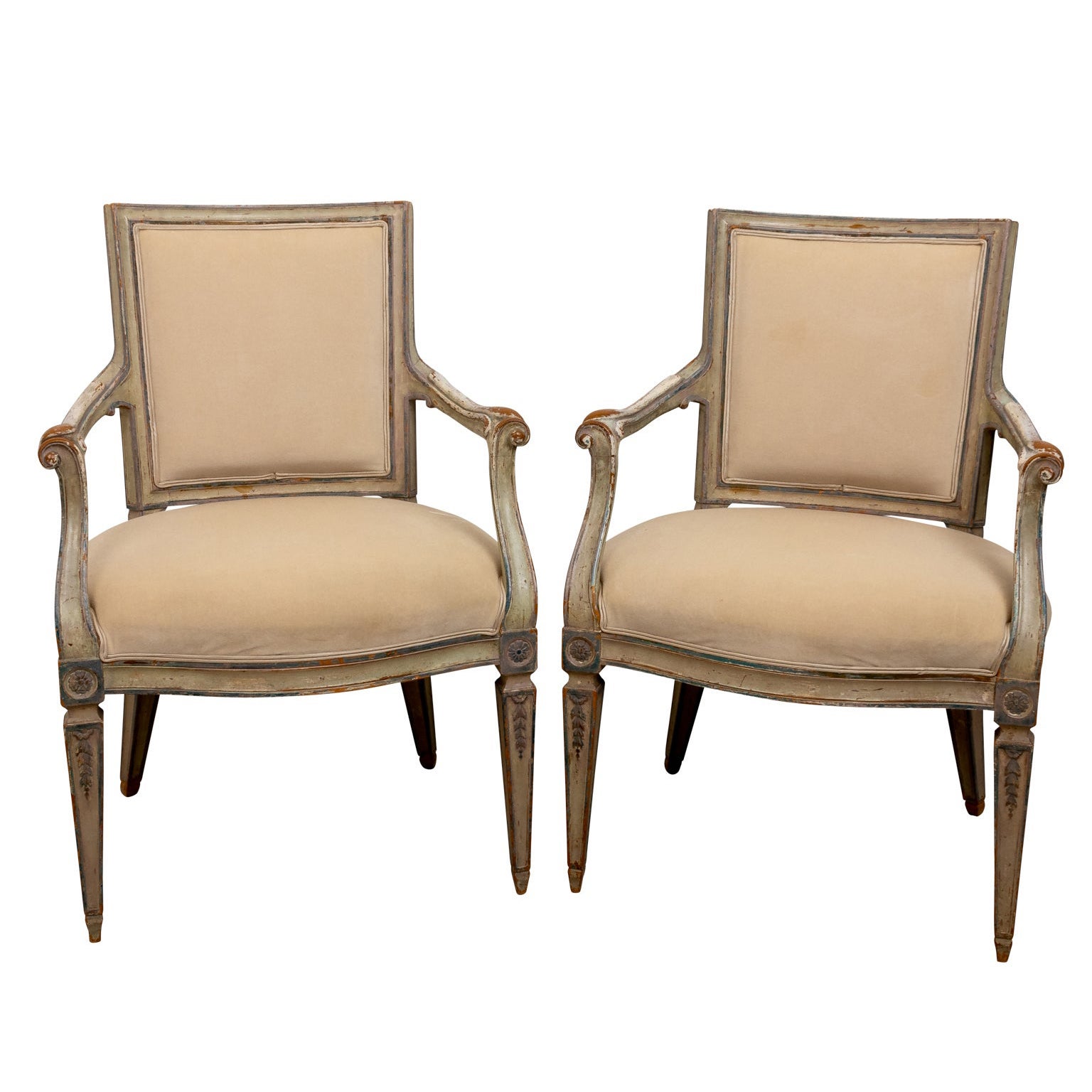 Pair of Louis XVI Style Painted Upholstered Fauteuils