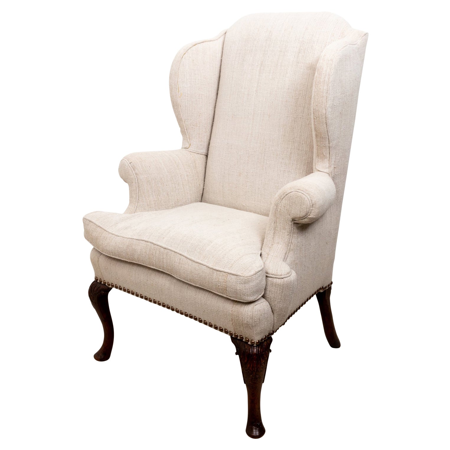 Belgian Linen Covered English Wing Back Armchair