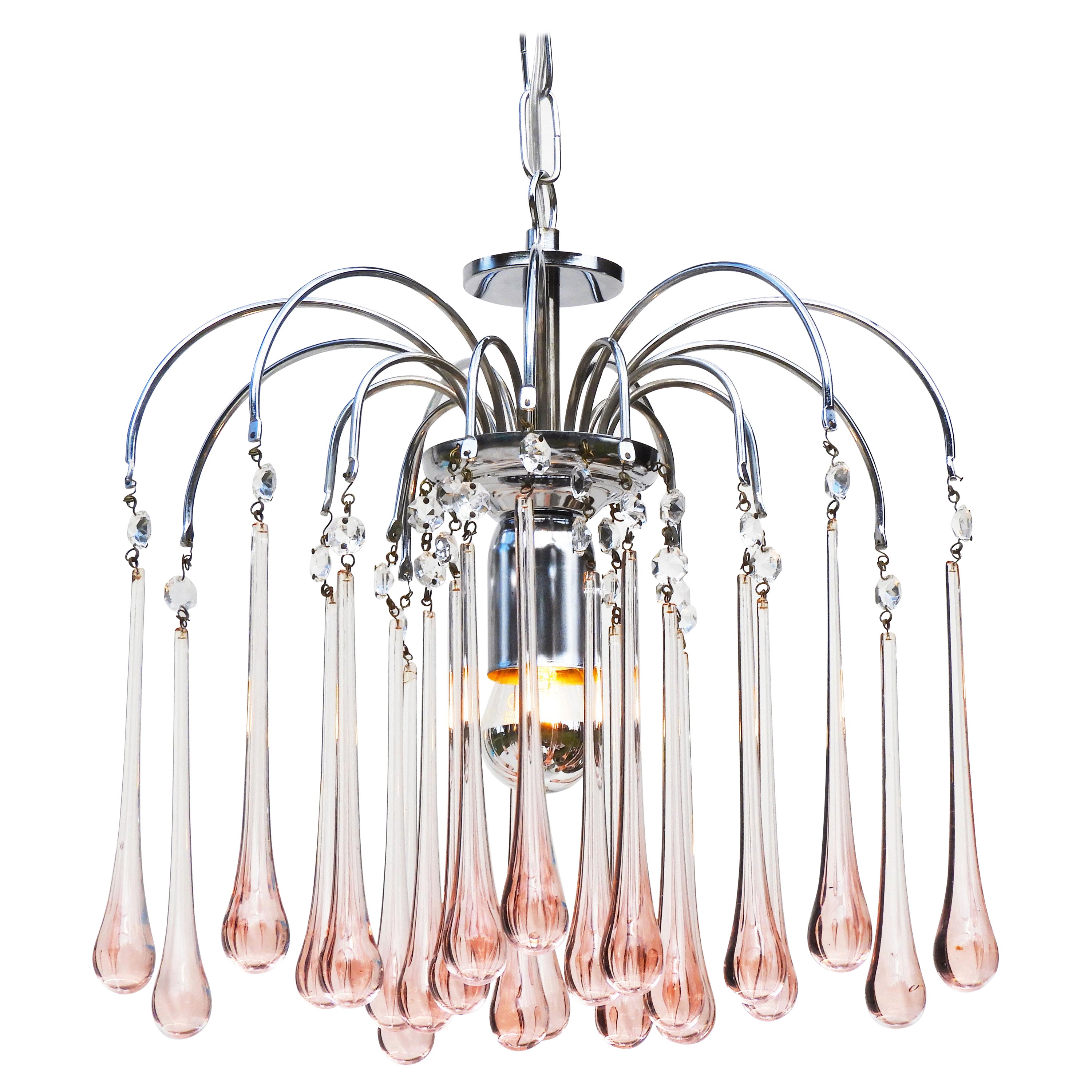 Mid-Century Pink Venini Style Murano Glass Chandelier Pendant Light, C1960