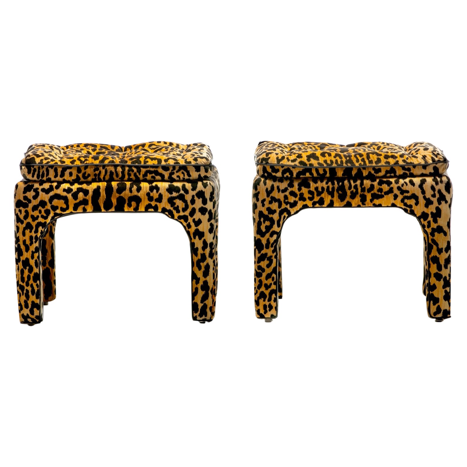 Pair of Billy Baldwin Style Leopard Velvet Stools with Leather Piping c. 1970s