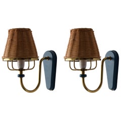 Swedish, Wall Lights / Sconces, Brass, Blue Lacquer Metal Rattan Sweden, 1970s